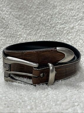 Vegan Leather Western Style Heavy Silver Buckle & Tip, Embossed Brown Belt